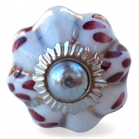 Bouton de Meuble porcelaine Blanc et Fleur Bordeaux