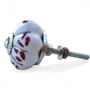 Bouton de Meuble céramique Blanc Fleur Bordeaux