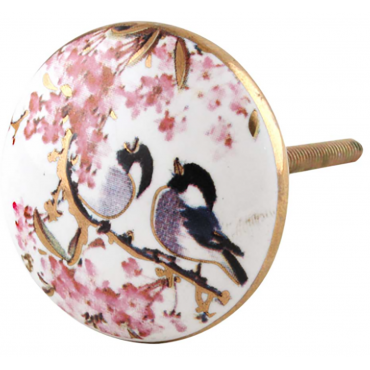 bouton de meuble mésanges gris et rose  - boutonsdemeubles.com