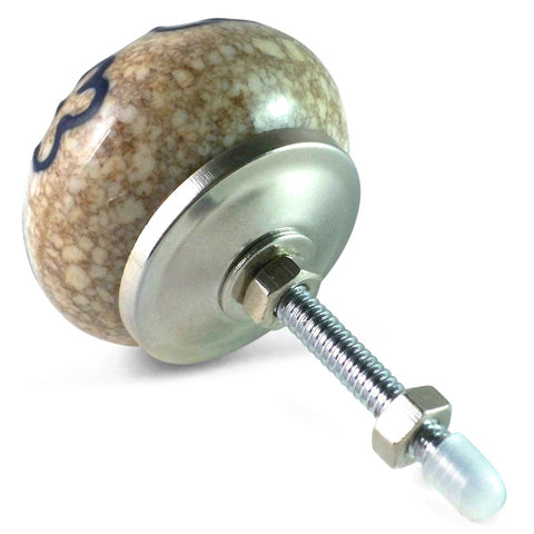 Bouton de Meuble Marbré Beige et Fleurs Bleues