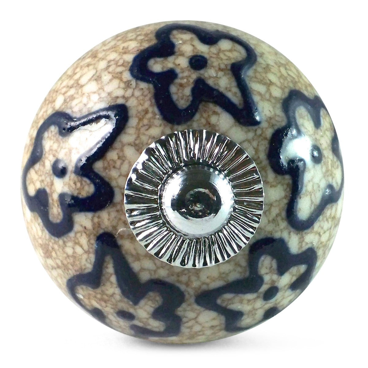 Bouton de Meuble Marbré Beige et Fleurs Bleues