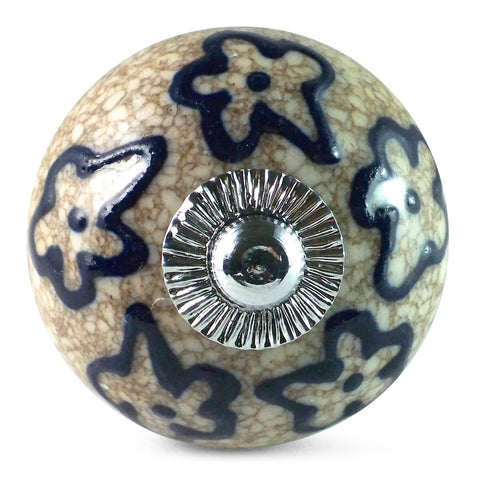 Bouton de Meuble Marbré Beige et Fleurs Bleues