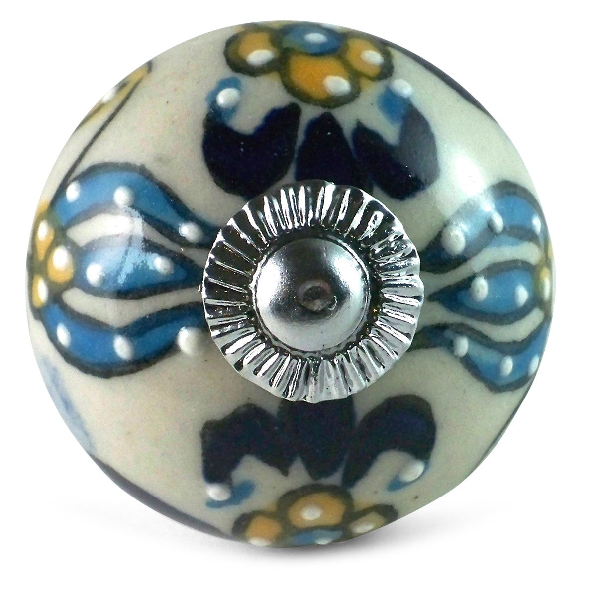 Bouton de Meuble Porcelaine Trident Bleu et Jaune