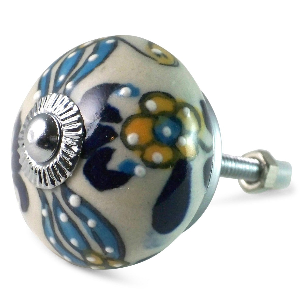 Bouton de Meuble Porcelaine Trident Bleu et Jaune