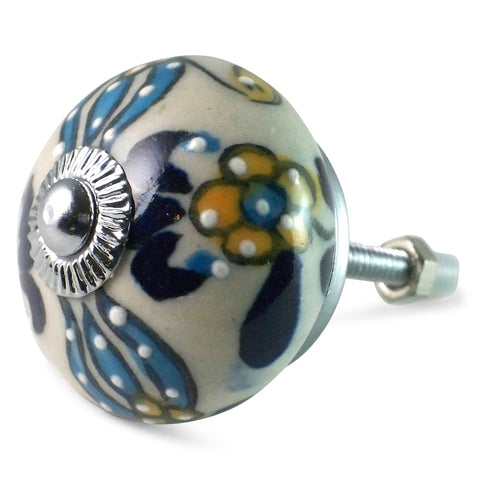 Bouton de Meuble Porcelaine Trident Bleu et Jaune