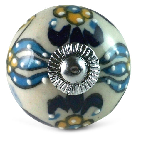 Bouton de Meuble Porcelaine Trident Bleu et Jaune