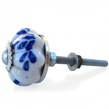 Bouton de Meuble Citrouille Blanc et Fleur Bleue